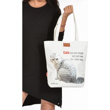 Moda1001 Kedi Baskılı Canvas Omuz Çantası - Orta Boy - Beyaz