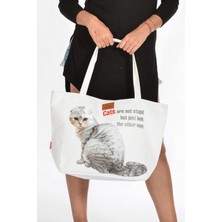 Moda1001 Kedi Baskılı Canvas Omuz Çantası - Büyük Boy - Beyaz