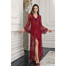 Imaj 5200 Kadın Bordo Sabahlıklı Gecelik Ikili Çeyizlik Saten Set