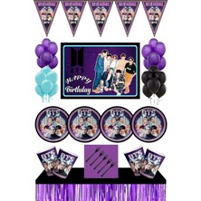 Parti Furyası Bts Kpop Doğum Günü Konsepti 32 Kişilik 70X100 cm Afişli Bts Doğum Günü Seti Mor Masa Etekli