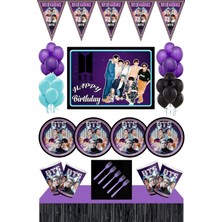 Parti Furyası Bts Kpop Doğum Günü Konsepti 24 Kişilik 70X100 cm Afişli Bts Doğum Günü Seti Siyah Masa Etekli