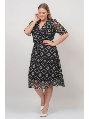 Neşeli Butik Kadın Kruvaze Yaka Midi Boy Büyük Beden Desenli Şifon Elbise NB80622