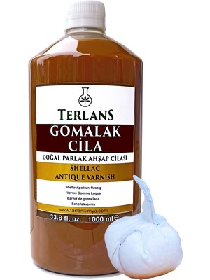 Terlans Gomalak Cila 1000 ml +Sürme Topu | Doğal Ahşap Parlatıcı  | Shellac Antique Vernish | Masif ve Eskimiş Mobilya Yenileyici | Yüksek Parlaklık & Doğal Doku Ortaya Çıkarıcı