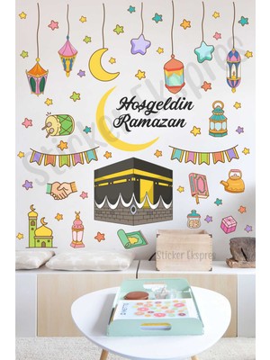 Sticker Ekspres Kabe ve Renkli Ramazan Fenerleri Ramazan Cam Duvar Kapı Sticker Seti