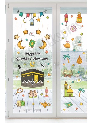Sticker Ekspres Kabe Cami ve Renkli Ramazan Figürleri Cam Duvar Kapı Sticker Seti