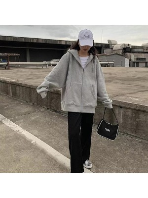 Violon Gri Fermuarlı Kapüşonlu Unisex Oversize Hırka