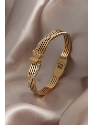 Clariss 316L Çelik Gold Renk Zirkon Taşlı Kelebek Model Kadın Kelepçe