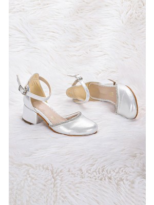 Kiko Kids 771 Vakko Taşlı Kız Çocuk 5 cm Topuklu Sandalet Ayakkabı Sedef