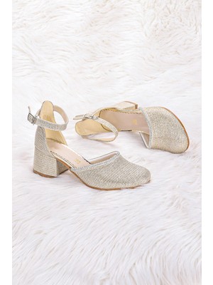 Kiko Kids 771 Çupra Taşlı Kız Çocuk 5 cm Topuklu Sandalet Ayakkabı Altın