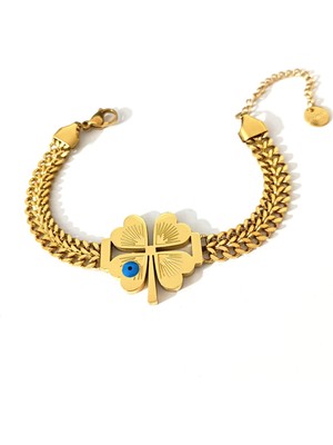 Hg.Aksesuar Kadın Nazarlı Yonca Figürlü Çelik Zincir Bileklik