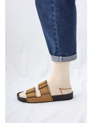 HE-QA Çizgi Detaylı Diz Altı Çorap Ekru