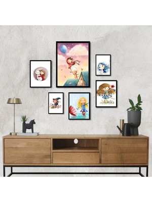 Trend Poster Siyah Çerçeve Görünümlü Kız Çocuk Odası Duvar Tablosu Retro Ahşap Poster