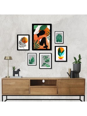 Trend Poster Siyah Çerçeve Görünümlü Yeşil Turuncu Kadın Yaprak Dal Güneş Salon Genç Odası Duvar Tablosu Retro Ahşap Poster