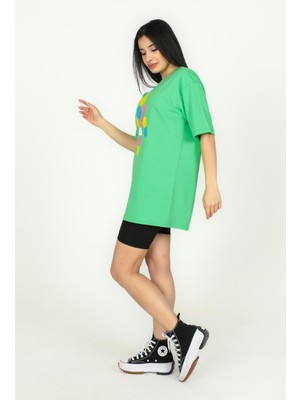 Kukla Baskılı Over Size Tshirt - 1003 - Yeşil