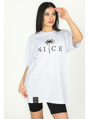 Nice Baskılı Over Size Tshirt - 1005 - Beyaz