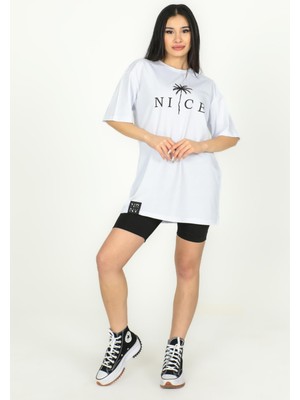 Nice Baskılı Over Size Tshirt - 1005 - Beyaz