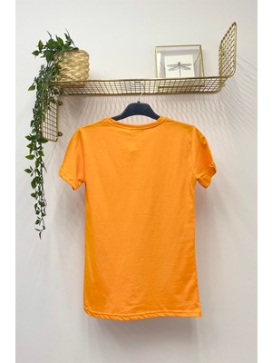 Nrnv Baskılı Bisiklet Yaka Normal Kalıp Tshirt - 1015 - Oranj