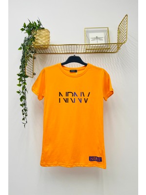 Nrnv Baskılı Bisiklet Yaka Normal Kalıp Tshirt - 1015 - Oranj