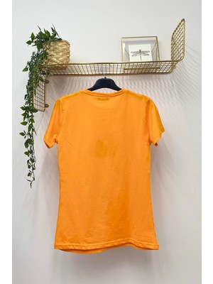 Çiçek Baskılı Bisiklet Yaka Normal Kalıp Tshirt - 1014 - Oranj