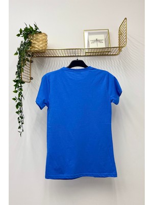 Nrnv Baskılı Bisiklet Yaka Normal Kalıp Tshirt - 1015 - Indigo