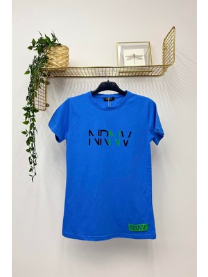 Nrnv Baskılı Bisiklet Yaka Normal Kalıp Tshirt - 1015 - Indigo