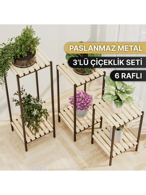 Bino Saksılık 3 Lü Set Ahşap Çiçeklik Dekoratif Lüks Bahçe Mobilyası Saksı Standı Bahçe Balkon Rafı