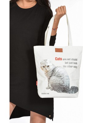 Moda1001 Kedi Baskılı Canvas Omuz Çantası - Orta Boy - Beyaz