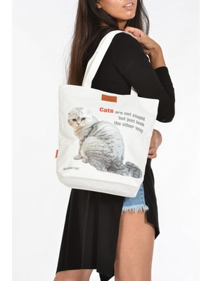 Moda1001 Kedi Baskılı Canvas Omuz Çantası - Orta Boy - Beyaz