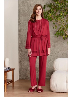 Pierre Cardin 2800 Kadın Bordo Dantelli Penye 3'lü Sabahlıklı Pijama Takım