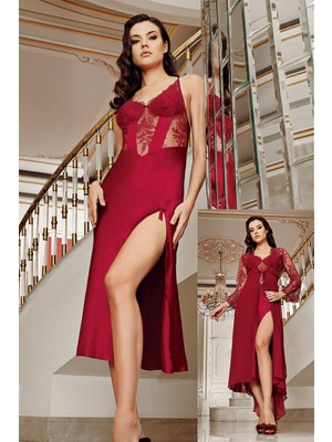 Imaj 4206 Kadın Bordo Sabahlıklı Gecelik Ikili Çeyizlik Saten Set