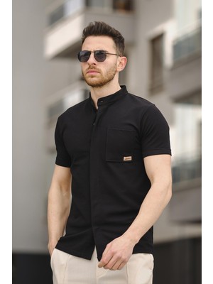 Oksit Dennie Slim Fit Kısa Kol Erkek Gömlek Siyah Renk Klasik Stil Tek Cep