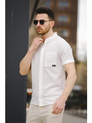 Oksit Dennie Tek Cep Waffle Kumaş Slim Kısa Kol Hakim Yaka Erkek Gömlek