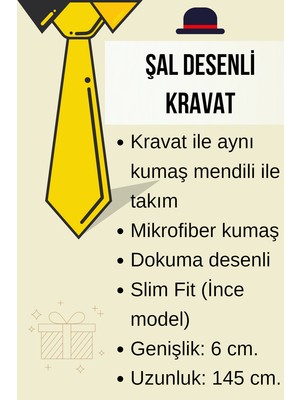 Gaffy Mavi Şal Desenli Lacivert Dokuma Kumaş Mendilli Slim Fit Kravat  / SDK-230205