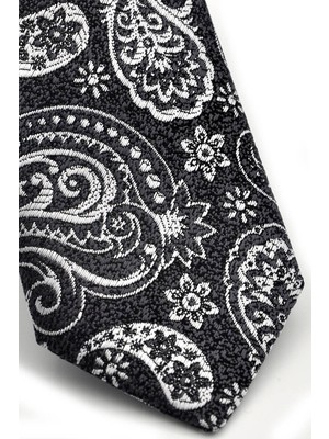 Gaffy Beyaz Şal Desenli Siyah Dokuma Kumaş Mendilli Slim Fit Kravat / SDK-230206