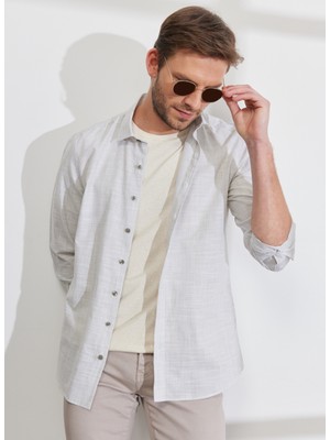 ALTINYILDIZ CLASSICS Erkek Haki Slim Fit Dar Kesim Klasik Yaka %100 Pamuk Çizgili Gömlek