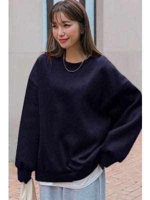 Spearly Kadın Lacivert Basic 0 Sıfır Yaka Baskısız Düz Oversize Salaş Bol Kesim Sweatshirt