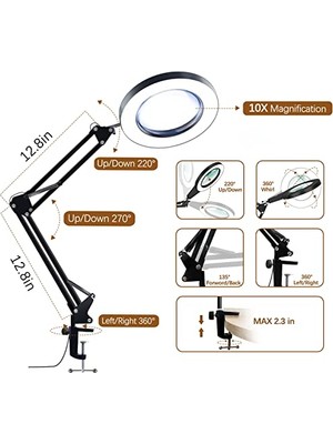 Semgears 10X Işıklı Büyüteç Büyüteçli LED Lamba 3 Renk Modu Kısılabilir Led'ler Yakın Çalışma Onarımı Için Işıklı ve Kelepçeli Gerçek Cam Lens Büyüteç Okuma El Sanatları (Yurt Dışından)