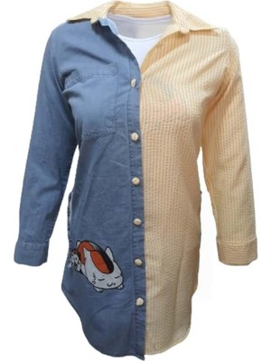 Melif Kadın Kot Gömlek Içi T-Shirt Ikili Takım 222 - Mavi - L