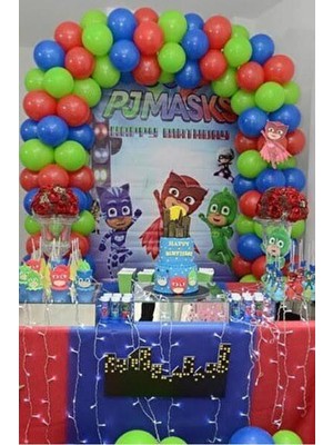 Rönesans Parti Pijamaskeliler Temalı Balon Zinciri Yeşil-Kırmızı-Mavi Balon Seti 50 Adet