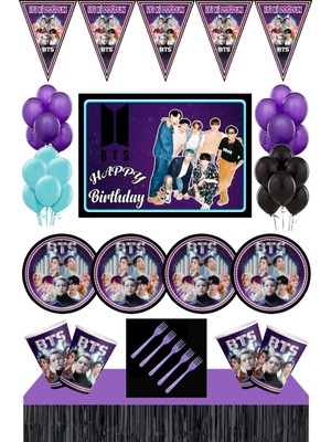 Parti Furyası Bts Kpop Doğum Günü Konsepti 32 Kişilik 70X100 cm Afişli Bts Doğum Günü Seti Siyah Masa Etekli