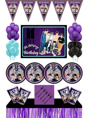 Parti Furyası Bts Kpop Doğum Günü Konsepti 8 Kişilik 70X100 cm Afişli Bts Doğum Günü Seti Mor Masa Etekli