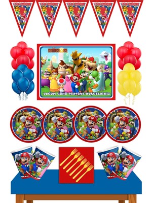 Parti Furyası Super Mario Doğum Günü Konsepti Afişli 8 Kişilik Super Mario  doğum Günü Seti 