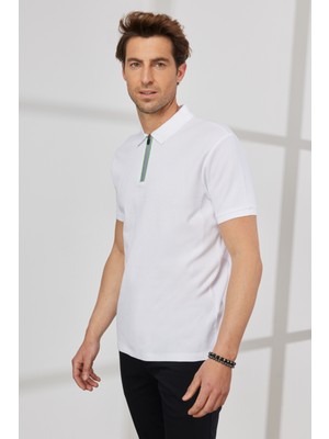 ALTINYILDIZ CLASSICS Erkek Beyaz Slim Fit Dar Kesim Polo Yaka %100 Pamuk Petek Desenli Kısa Kollu Tişört