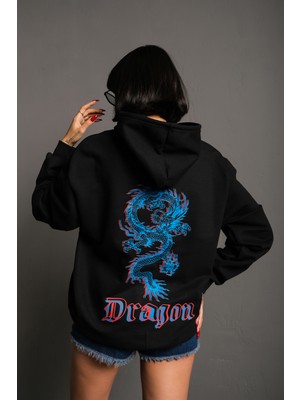 Trendseninle Unisex Önü Dragon Yazılı Sırt Dragon Baskılı Kapüşonlu Oversize Sweatshirt