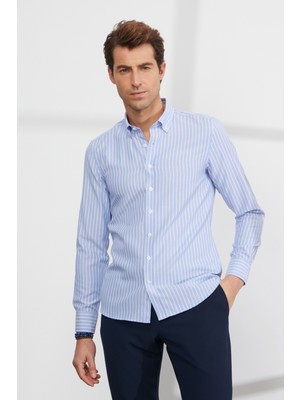 ALTINYILDIZ CLASSICS Erkek Mavi-beyaz Slim Fit Dar Kesim Düğmeli Yaka Pamuklu Çizgili Oxford Gömlek