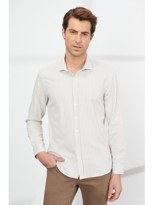 ALTINYILDIZ CLASSICS Erkek Beyaz-bej Slim Fit Dar Kesim Küçük Italyan Yaka Pamuklu Çizgili Gömlek