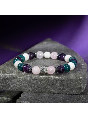 Osmanlı Doğal Taş Balık Burcu Bileklik Ametist, Ay Taşı, Mavi Apatit, Pembe Kuvars, Selenit