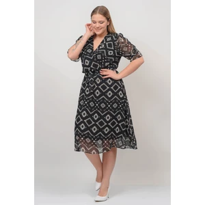 Neşeli Butik Kadın Kruvaze Yaka Midi Boy Büyük Beden Desenli Şifon Elbise NB80622
