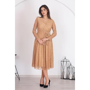 Neşeli Butik Kadın Camel Kuşaklı Kruvaze Yaka Astarlı Dantel Elbise RSSN31