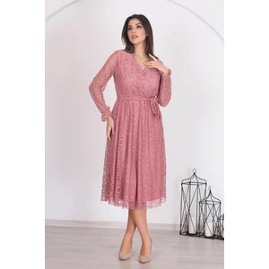 Neşeli Butik Kadın Gül Kurusu Kuşaklı Kruvaze Yaka Astarlı Dantel Elbise RSSN31